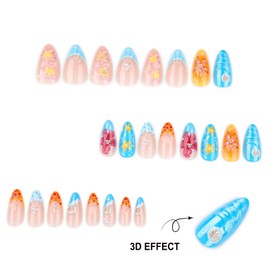 MouyouGlow 30 Pieces Press On Nails Short, Almond Blue French 3D Bubble Flowers Floral Ocean Glitter Design Pearl Y2K Fake Nails with Nail Glue, Blue Tips Flowers Summer INS Artificial Fingernails