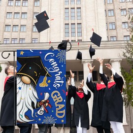 Heyfibro Congrats Grad Gnome Garden Flag 12x18 Inch Double Sided Burlap, Fireworks Graduation Cap Diploma Ceremony Class Of 2025 Yard Flags Schoolyard Outdoor Lawn Party Decoration(ONLY FLAG)