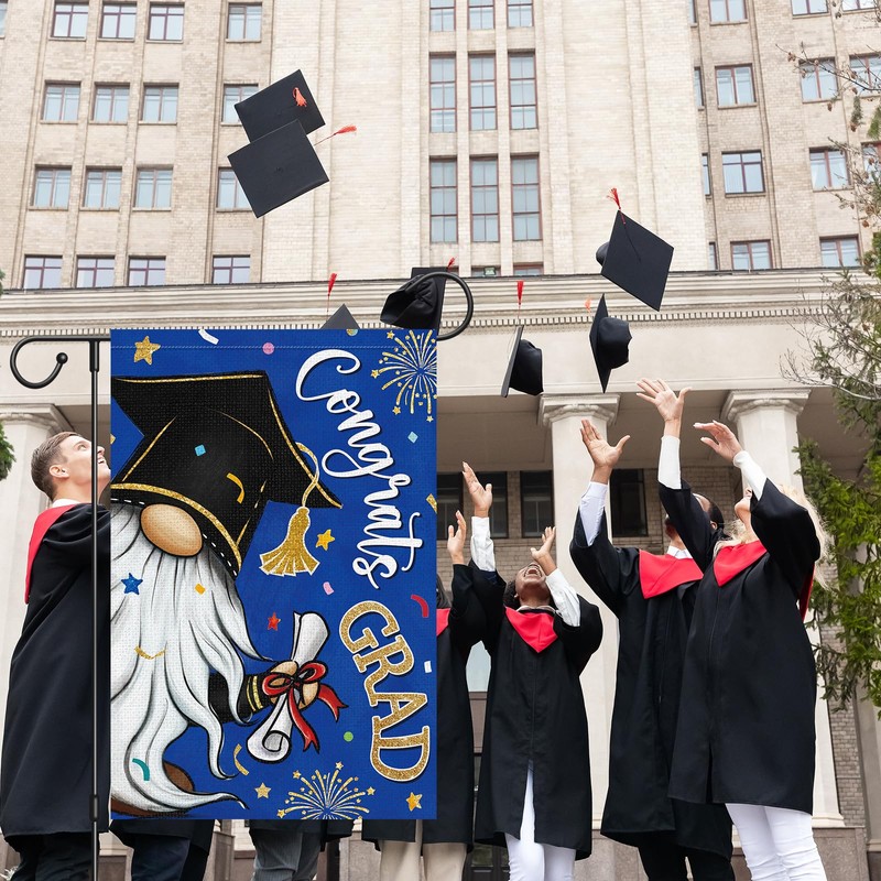 Heyfibro Congrats Grad Gnome Garden Flag 12x18 Inch Double Sided