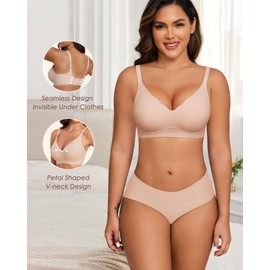 HORISUN Wireless No Underwire Bras for Women V Neck Wavy Neck Support T-Shirt Semi-Fixed Bra (Basic Coral Pink M)