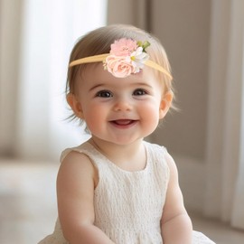 Kenjudess Baby Girl Floral Headbands Elastic Nylon Flower Crown Hairbands Fabric Leaves Head Wrap for Newborn Toddler Infant Hair Accessories (Pink 3, Standard Small)