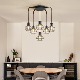 6-Light Pendant Light Fixtures, Industrial Farmhouse Hanging Lighting, Black Metal Cage Dining Room Chandelier, Height Adjustable Multi-Light Ceiling Lamp for Kitchen Island, Foyer, Entryway, E26 Base
