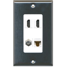 RiteAV - 2 Port HDMI 1 Port Coax Cable TV- F-Type 1 Port Cat6 Ethernet Decorative Wall Plate - Stainless Steel/White