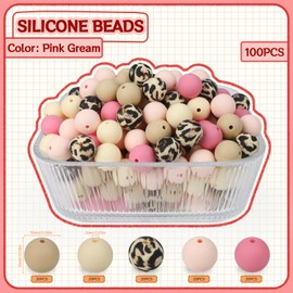 SALUOKE 100 Pcs 15mm Silicone Beads for Keychain Making, Pink Gream Silicone Beads Bulk Round Beads for Bracelets Pens Crafts Jewelry Making (Pink Gream)