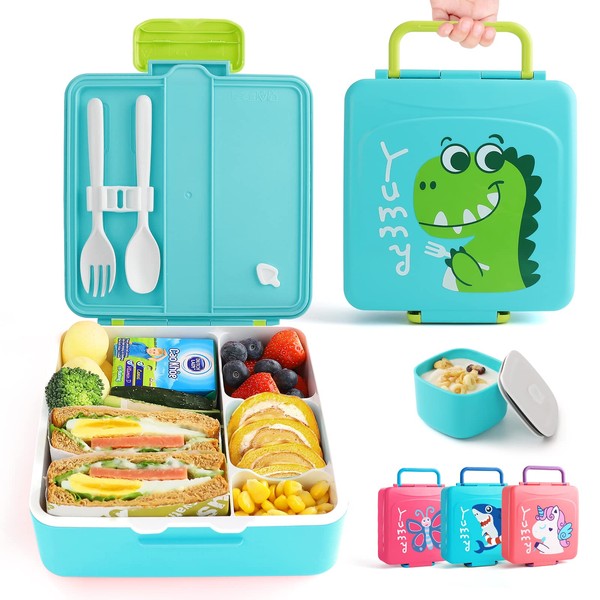 Lehoo Castle Bento Lunch Box for Kids, 1300ml Lunch Containers with 4 compartments, Bento Box with Sauce Jar/Spoon & Fork