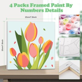 GHHKUD Framed 4 Pack Flowers Paint by Numbers for Adults Kids, Landscapes Paint by Numbers for Ages 8-12, DIY Acrylic Painting Tulips Beginner for Gifts Home Wall Decor 20x20cm