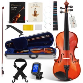 AKLOT Handcrafted Full Size Violin: 4/4 Solid Wood Fiddle, Acoustic Beginner Violin Kit with Hard Case, Lesson Book, Bow, Rosin, Shoulder Rest, Extra Strings, Tuner, Fretboard Stickers (VRT-AmiOB)