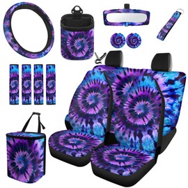 INSTANTARTS Purple Tie-Dye 15 PCS Car Seat Cover Full Set Steering Wheel Cover Keychain Car Trash Can Car Dash Accessories Rearview Mirror Cover Car Coasters Easy to Install