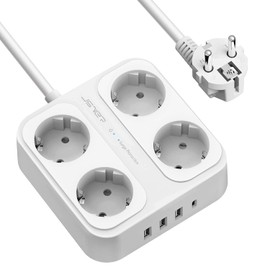 JSVER Steckdosenleiste 4 Fach mit 4 USB Ladeanschlüsse, Mehrfachsteckdose mit USB C, Wandmontage(3680W 16A) Steckerleiste Überspannungsschutz mit 1,8M Kabel für Smartphones, Laptop -Weiß