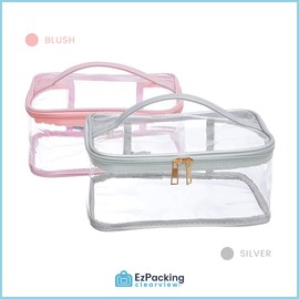 Bolsa de cosméticos grande para mujeres/transparente, bolsa de maquillaje, accesorios para el cabello y las uñas para viajes o hogar/organizador de plástico PVC transparente, interior espacioso, asa y cremalleras dobles (rubor)