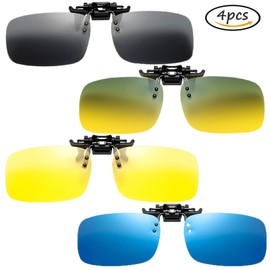 Polarised Clip On Sunglasses, Pack of 4 Flip Up Sunglasses Clip, Polarised Glasses Clip, Rimless Sunglasses, Clip Polarised Sunglasses Clip, for Unisex Women and Men Glasses Wearers, Black grey, dark