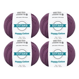 Estako Happy Cotton, (4 Skeins Pack) 60% Cotton 40% Acrylic Yarn, Soft, Fine/Sport (2) for Crochet and Knitting (4 x 1.76 Oz) / (4 x 180 Yrds) (4620 - Plum)