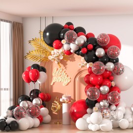 136pcs Red Black White Balloons Arch kit, 18 12 10 5 Inch Black Red White Silver Confetti Balloons Different Size Pack for Birthday Graduation New Year Eve Party Decoration