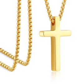 Cross Necklace for Men Gold Stainless Steel Cross Pendant Necklace for Men Box Chain 24 Inch Father's Day Religious Christian Gifts