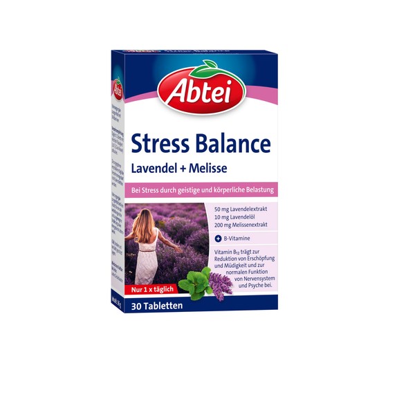 Abtei Stress Balance - with Lavender + Melissa - For Stress from Mental and Physical Stress - with B Vitamins - Gluten Free, Lactose Free, Gelatine Free - 1 x 30 Tablets