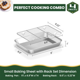 Fire More Small Baking Sheet & Rack Set (2 Baking Pans + 2 Baking Racks), Stainless Steel Cookie Sheet & Cooling Rack, Nonstick Baking Tray, Non Toxic & Heavy Duty & Easy Clean, Size 9 x 7 x 1 Inch