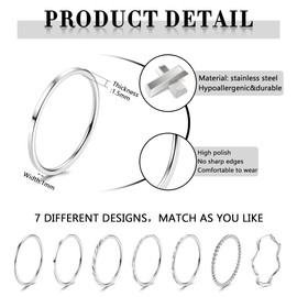 JeweBella Pack of 7 Rings Silver for Women Stainless Steel 1 mm Plain Thin Midi Finger Ring Minimalist Thumb Rings Set Stackable Knuckle Rings Silver Simple Twist Rings Women, Stainless Steel