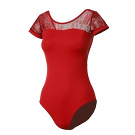 Lanbodance Women's Short Sleeve Ballet Leotard Gymnastics Dance Adult leotard Bodysuit, Burgundy Red Lace, Medium