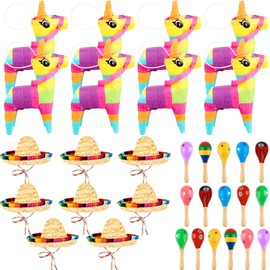 32 Pcs Mexican Fiesta Decorations Including 8 Pcs Mexican Mini Sombrero Hats 16 Pcs Wooden Fiesta Maracas with 8 Pcs Mini Donkey Piñata for Kids Adluts Mexican Festival Party Decor Luau Photo Prop