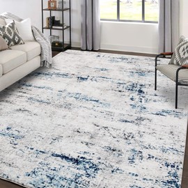 Area Rug Living Room Rugs: 9x12 Large Soft Indoor Carpet Modern Abstract Rug with Non Slip Rubber Backing for Under Dining Table Nursery Home Office Bedroom White Gray Blue