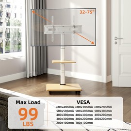 Rolling TV Stand with Wheels, Mobile TV Cart for 32-75 Inch Flat Screen TVs, Floor TV Stand with Swivel and Height Adjustment, Portable AV Cart with Wood Shelf for Bedroom,Home Office