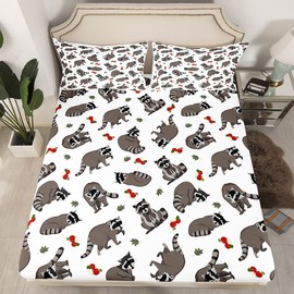 Feelyou Cute Raccoons Bed Set Cartoon Raccoon Bed Sheets for Kids Boys Girls Lovely Fruits Leaves Decor Sheet Set Grey Animal Sheets with 2 Pillowcases 4Pcs Bedding Queen