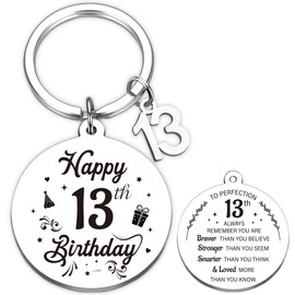 Aurmonigo Happy Birthday Gifts Keyring - Inspirational 13th Engraved Keychain for Boys and Girls, Silver Keepsake Presents from Family Grandmother Mum Dad Best Friend Key Ring Gift for 13 Year Old