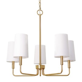 Homebelife Chandelier, Brushed Brass with White Fabric Shade, Farmhouse Linear Island Lighting Fixture for Kitchen, Dining Room (5-Light Brass Gold with Fabric Shades)
