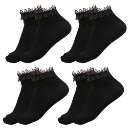 SKHAOVS 4 Pairs of Black Ruffle Socks for Women, Ankle Socks, Ruffle Socks, Cotton Socks, black