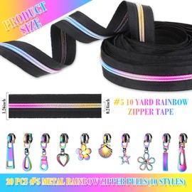 Zeyune #5 Rainbow Zipper Tape by The Yard 10 Yards Rainbow Teeth Nylon Zipper with 20 Pcs Colorful Metal Slider Pulls (10 Styles) for DIY Sewing Tailor Crafts(Classic Style,Black)
