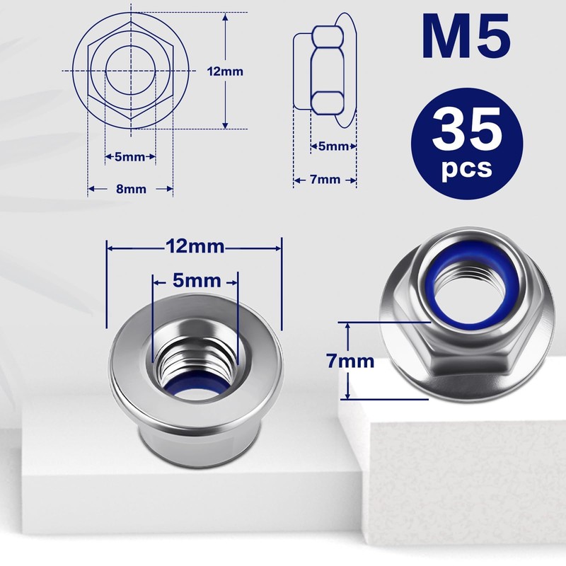 Mbsomnus Hex Nuts M5, Pack of 35 Flange Nuts DIN