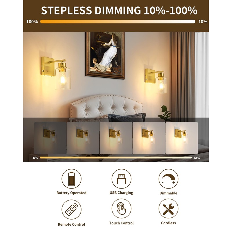 Rayogale Rechargeable Wall Sconce, Gold Battery Operated Wall Sconce Set