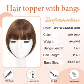 Cesomeey Hair Toppers for Women with Clip in Bangs, 10 Inch Straight Bangs Hair Clip, 360°3D Cover Toppers HairPieces for Women with Thinning Hairs Daily Wear (Light Brown, 10 Inch)