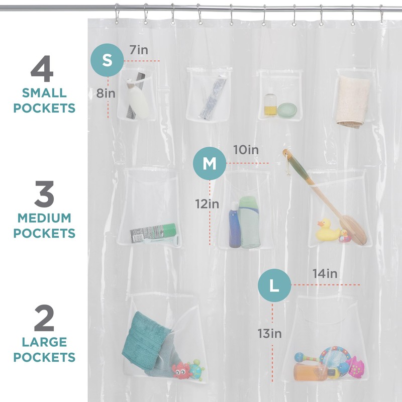 Zenna Home Clear Shower Curtain Liner with 9 Storage Pockets,