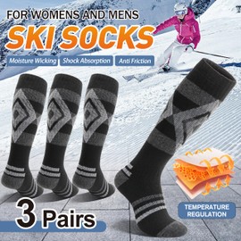 Welwoos Merino Wool Ski Socks for Mens Womens Thermal Winter Thick Warm Long Socks for Skiing Outdoor Sports Snowboarding 3 Pairs Gifts Stocking Stuffers for Men Women (Black,M)