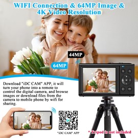 SOPPY Digital Camera with WIFI Transfer, 64MP UHD 4K Vlogging Camera with 32G SD Card, 2.8" LCD Screen Compact Camera with 16X Digital Zoom, Mini Camera for Boys Girls Kids Beginners,Black