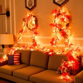 9FT Fall Decorations for Home Large Leaves Fall Garland with Lights Plug in 50 Bulbs Connectable Thanksgiving Garland String Lights for Outdoor Indoor Harvest Fireplace Fall Decor（2 Packs）
