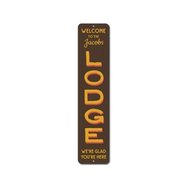 Welcome Lodge Vertical Sign, Family Last Name Ski Sign, We're Glad You're Here Cabin Aluminum Decor - 6" x 24"