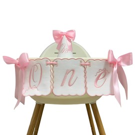 Pink and White Bow ONE High Chair Banner with Cone Hat for Baby Girl 1st Coquette Bow Themed First Birthday Party Decorations (Pink ONE)