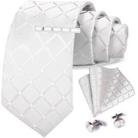 GUSLESON 3.15"（8cm） White Plaid Tie Men's Tie Fashion Necktie Clip and Pocket Square Cufflinks Sets (6102-29)