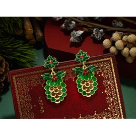 Christmas Tree Earrings, Green Enamel with Red Berries, Gold Tone