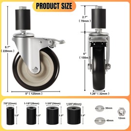 5 Inch Prep Table Wheels, Expanding Stem Caster Wheels Set of 4 with Dual Locking,Fit for 7/8'',1-1/4'',1-1/2'',1-5/8'' Tube Legs for Stainless Steel Tables,Carts,Furniture,Kitchen Workbenches(1400lbs