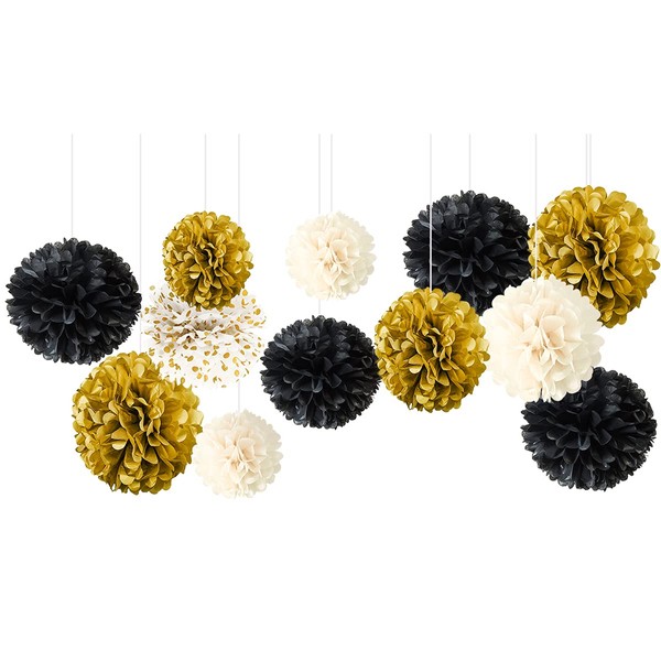 NICROLANDEE Black Gold New Years Party Decorations - 12 PCS Black Gold White Tissue Paper Pom Poms for Wedding, Birthday, Bachelorette Party, Baby/Bridal Shower, Anniversaries, Prom Decorations