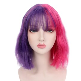 Reewes Fashion Bob Pastel Wigs for Women Short Blue Pink Peach Red Wave Style Cosplay Curly Wig with Bang for Party, Hallowed Use, Daily Costume, Cosplay
