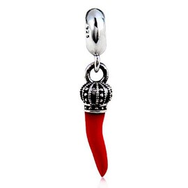 Antique Crown Dangle Charm Silver Red Enamel Italian Horn Charm Pendant for European Bracelet