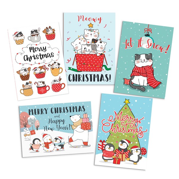 Cute Christmas Greeting Card with Envelope – Kawaii Cat Kitten