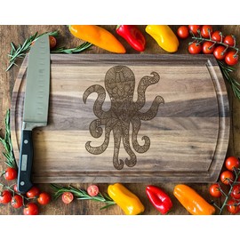 Octopus Mandala Patterns Walnut Board, 16.75x10 in: Marine Life Themed, Ideal Sea Creature Gift, Unique, Durable.