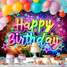 Ufeela Neon Happy Birthday Backdrop 7Wx5H Feet Fabric Polyester Funny Brick Wall Colorful Graffiti Fireworks Splatter Modern Cool Photography Background Banner Photo Shoot Decor Prop