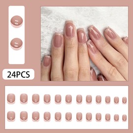 Acrylic Press on Nails Medium Square Fake Nails Naked Powder False Nails with French Tip Designs Gloss Nails Press on Artificial Nails Stick on Nails for Women 24Pcs