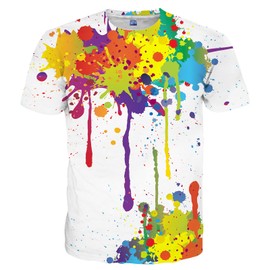 Linnhoy Men's Women's Unisex Graphic Tees Men Colorful Paint Splatter T-Shirts for Adults Teens White Cool Shirts Novelty Pattern Printed Funny Tops Short Sleeves Fashion Wear for Men Women Size L